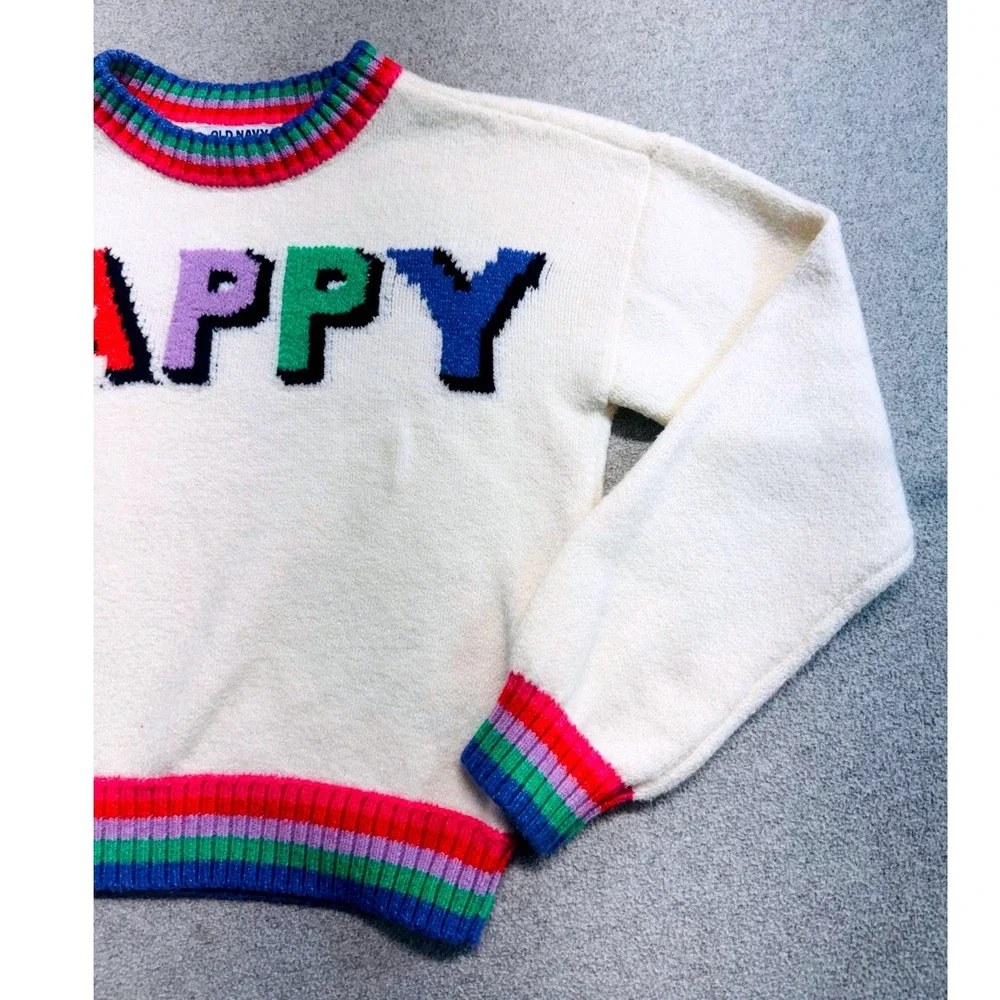 Old Navy Sweater Kids M 8 Cream Rainbow Happy SoSoft Graphic Pullover School